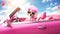 Surreal abstract dog portrait in pink convertible car with fantasy bright combinations in style of Barbie pink. Banner