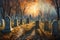 A surreal All Saints\\\' Day scene in a mystical graveyard, where ethereal light bathes ancient tombstones