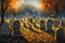 A surreal All Saints\\\' Day scene in a mystical graveyard, where ethereal light bathes ancient tombstones