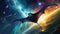 Surreal amazing galaxy. A manta ray flying in the space. AI generated