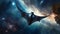 Surreal amazing galaxy. A manta ray flying in the space. AI generated