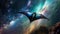 Surreal amazing galaxy. A manta ray flying in the space. AI generated