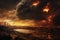 Surreal and apocalyptic landscape view of humanity extinction in fire