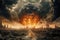 Surreal and apocalyptic landscape view of humanity extinction in fire