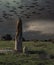 Surreal art, granite Menhir with stormy sky, shoal of fish flying in the sky, rainy day, grass meadow