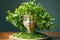 Surreal Artistic Concept of a Mannequin Head With Lettuce Hair Creative Display on a Wooden Surface