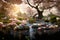 Surreal asian garden with sakura trees and pond. Abstract landscape with cherry blossom falling in lake with bokeh light.