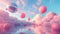 Surreal Balloon Dreamscape: Colorful Balloons Soar in Pink and Aquamarine Sky