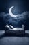 A Surreal Bedtime Scene with a Crescent Moon, bedroom