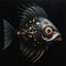 Surreal Black Fish Painting With Gold Eyes And Mechanical Realism