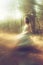 Surreal blurred background of young woman sitting on the stone in forest.