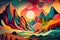 Surreal bright colorful psychedelic landscape. Multicolored mountains, sky, fantasy nature.