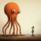 Surreal Cartoon: Giant Octopus Confronts Kid In Humorous Standoff