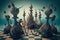 surreal chess match, with players in bizarre and fantastical settings