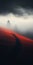 Surreal Cinematic Minimalistic Landscape With Fog And Lonely Red Figure