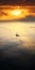 Surreal Cinematic Minimalistic Shot: Misty Fishing Boat On A Lake At Sunset