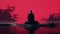 Surreal Cinematic Minimalistic Shot: Red Silhouette Samurai By The Water