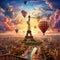 Surreal City of Love with Eiffel Tower on Floating Island and Vibrant Balloons