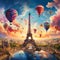 Surreal City of Love with Eiffel Tower on Floating Island and Vibrant Balloons