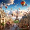 Surreal City of Love with Eiffel Tower on Floating Island and Vibrant Balloons