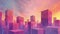 Surreal cityscape with colorful blocks and sunset sky