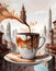 Surreal Cityscape with Floating Coffee Cup