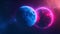 A surreal closeup of a pair of planets one bright and blue the other a deep ruby red. Their contrast is striking yet in