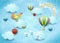 Surreal cloudscape with balloons, bird and flying fishes