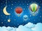 Surreal cloudscape with hanging moon and balloons