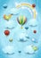 Surreal cloudscape with hot air balloons, birds and flying fisches