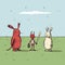 Surreal Comic Scenes: Two Red Mice, Big Red Rabbit, And Cute Cricket Art