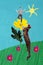 Surreal creative image collage of calm guy on summer safari climb high yellow gerbera plant hide from huge feline