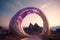 Surreal crystal gate or arc. Fictional architecture or sci-fi object in the desert
