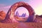 Surreal crystal gate or arc. Fictional architecture or sci-fi object in the desert