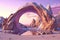 Surreal crystal gate or arc. Fictional architecture or sci-fi object in the desert.