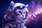 Surreal cute cat astronaut portrait in vibrant colorful outer space