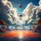 a surreal depiction of a basketball court floating in the sky surrounded by clouds trending on