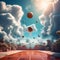 a surreal depiction of a basketball court floating in the sky surrounded by clouds trending on