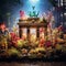 Surreal depiction of Berlin's Brandenburg Gate surrounded by a lush, overgrown garden