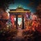 Surreal depiction of Berlin's Brandenburg Gate surrounded by a lush, overgrown garden