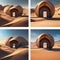 Surreal desert landscape with floating islands and mysterious doorways Dreamlike illustration for abstract or fantasy-themed des