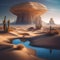 Surreal desert landscape with floating islands and mysterious doorways Dreamlike illustration for abstract or fantasy-themed des