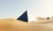 Surreal desert landscape with pyramid.