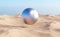 Surreal desert landscape with silver sphere over sand dunes.
