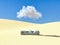 Surreal desert landscape with sofa and cloud