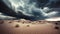 Surreal desert landscape with stormy clouds