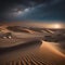 A surreal desert landscape with towering sand dunes, nomadic tents, and a brilliant starry sky2