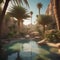 A surreal desert oasis with lush palm trees, crystalline water pools, and hidden treasures2