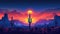 Surreal desert sunset with cacti silhouettes against vibrant skies.