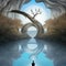 A surreal digital art piece featuring a melting clock, a faceless figure, and a twisted tree against a dreamlike background2, Ge